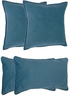 Atmosphera Bank/sierkussens Sophia - set 4x - Blauw - polyester - met rits - In 2 formaten - Sierkussens