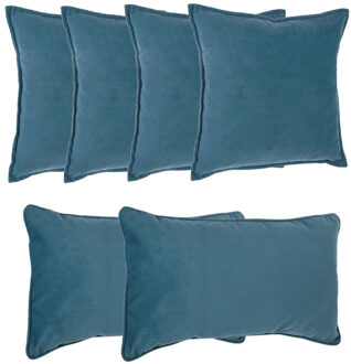 Atmosphera Bank/sierkussens Sophia - set 6x - Blauw - polyester - met rits - In 2 formaten - Sierkussens