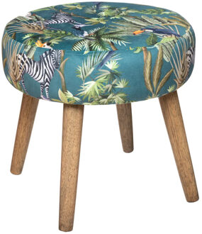 Atmosphera Bijzet krukje Jungle Boogie - groen - hout/stof - D38 x H40 cm - Meubels - Zitten