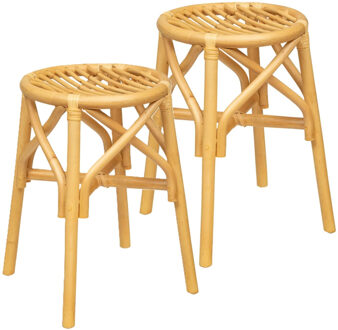 Atmosphera Bijzet krukje model Rotan - 2x - naturel - palmenhout - D31 x H45 cm - Meubels - Zitten