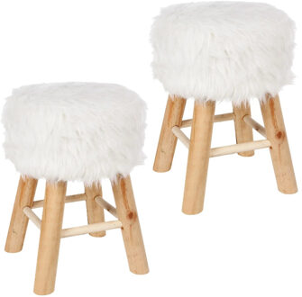 Atmosphera Bijzet krukje/zit krukje Oslo - 2x - houten onderstel/fluffy stof - wit - D30 x H42 cm