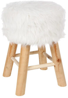 Atmosphera Bijzet krukje/zit krukje Oslo - houten onderstel/fluffy stof - wit - D30 x H42 cm