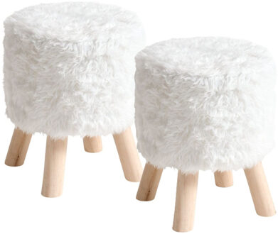 Atmosphera Bijzet krukje / zit krukje Teddy - 2x - houten pootjes - fluffy stof - wit - D30 x H39 cm - poefje