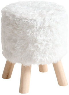Atmosphera Bijzet krukje / zit krukje Teddy - houten pootjes - fluffy stof - wit - D30 x H39 cm - poefje