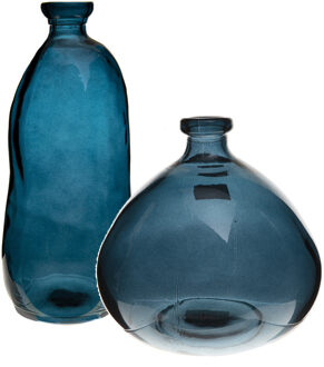 Atmosphera Bloemenvazen set - 2x - Organische fles vorm - blauw transparant - glas
