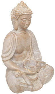 Atmosphera Boeddha beeld zittend - binnen/buiten - kunststeen - beige gebleekt - 39 cm - Beeldjes