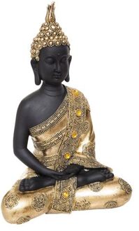 Atmosphera Boeddha beeld zittend - binnen/buiten - polyresin - goud/zwart - 34 cm - Beeldjes Goudkleurig