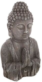 Atmosphera Boeddha hoofd beeld biddend - binnen/buiten - kunststeen - oud hout look - 50 cm - Beeldjes Grijs