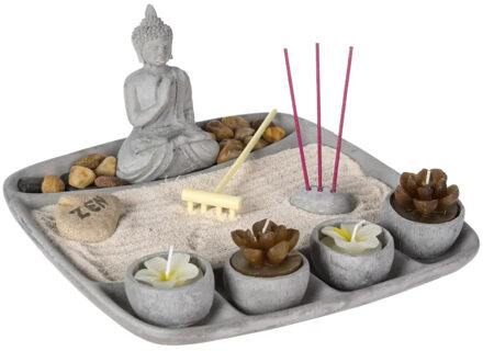 Atmosphera Boeddha zen tuin met waxinelichthouders - voor binnen - cement - 23 x 23 cm