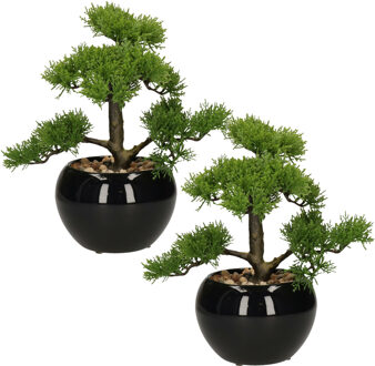 Atmosphera bonsai boompje in keramische pot - Set van 2x stuks - 36 cm - pvc - groen - kunstplant
