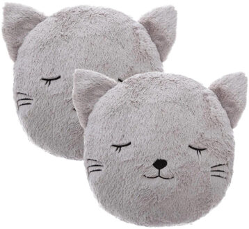 Atmosphera Dieren sierkussen kinderkamer - 2x - kat/poes grijs - 27 cm - polyester