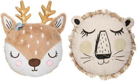 Atmosphera Dieren sierkussen set kinderkamer - hert/leeuw - 31/38 cm - polyester