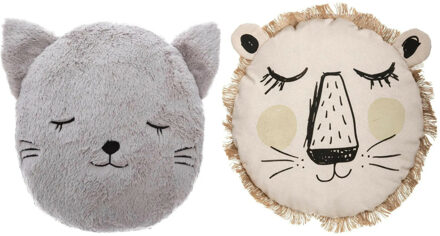 Atmosphera Dieren sierkussen set kinderkamer - kat/leeuw - 27/38 cm - polyester