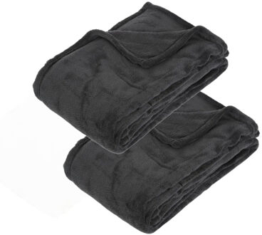 Atmosphera Fleece deken of plaid harig - 2x - antraciet - 125 x 150 cm - polyester - Bankdeken - Fleece plaid