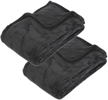 Atmosphera Fleece deken of plaid harig - 2x - antraciet - 130 x 180 cm - polyester - Bankdeken - Fleece plaid