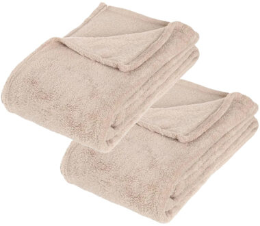 Atmosphera Fleece deken of plaid harig - 2x - beige - 130 x 180 cm - polyester - Bankdeken - Fleece plaid