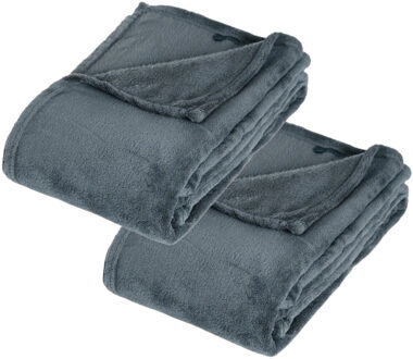 Atmosphera Fleece deken of plaid harig - 2x - donkergrijs - 125 x 150 cm - polyester - Bankdeken - Fleece plaid