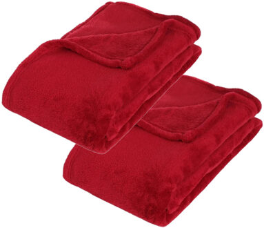 Atmosphera Fleece deken of plaid harig - 2x - rood - 125 x 150 cm - polyester - Bankdeken - Fleece plaid