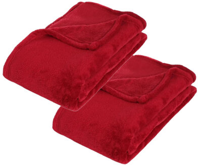 Atmosphera Fleece deken of plaid harig - 2x - rood - 130 x 180 cm - polyester - Bankdeken - Fleece plaid