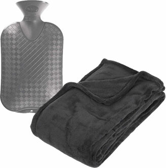 Atmosphera Fleece deken/plaid Antraciet 125 x 150 cm en een warmwater kruik 2 liter