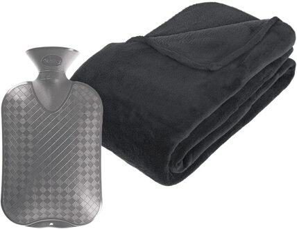 Atmosphera Fleece deken/plaid Antraciet grijs 230 x 180 cm en een warmwater kruik 2 liter - Plaids