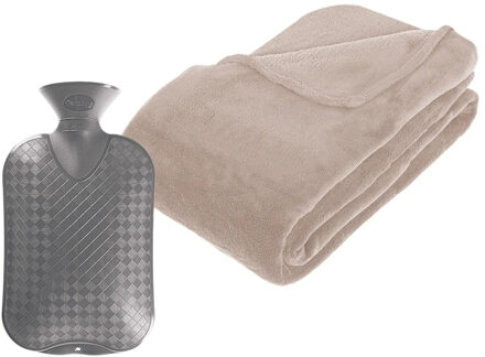 Atmosphera Fleece deken/plaid Beige 230 x 180 cm en een warmwater kruik 2 liter