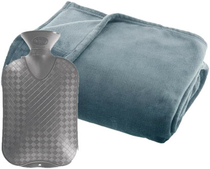 Atmosphera Fleece deken/plaid Blauwgrijs 125 x 150 cm en een warmwater kruik 2 liter