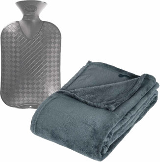 Atmosphera Fleece deken/plaid Blauwgrijs 125 x 150 cm en een warmwater kruik 2 liter