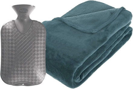 Atmosphera Fleece deken/plaid Blauwgrijs 230 x 180 cm en een warmwater kruik 2 liter