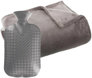 Atmosphera Fleece deken/plaid Grijs 130 x 180 cm en een warmwater kruik 2 liter