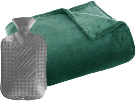 Atmosphera Fleece deken/plaid groen 125 x 150 cm en een warmwater kruik 2 liter - Plaids