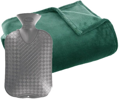 Atmosphera Fleece deken/plaid Groen 130 x 180 cm en een warmwater kruik 2 liter - Plaids