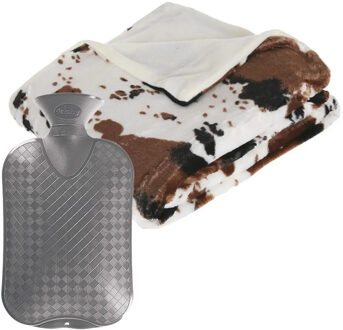 Atmosphera Fleece deken/plaid koeien-printbruin 130 x 160 cm en een warmwater kruik 2 liter