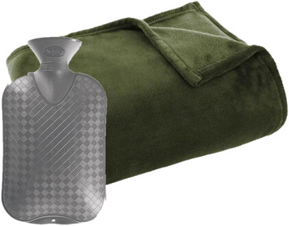 Atmosphera Fleece deken/plaid Olijf groen 125 x 150 cm en een warmwater kruik 2 liter - Plaids