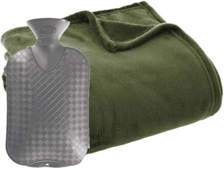 Atmosphera Fleece deken/plaid Olijf Groen 130 x 180 cm en een warmwater kruik 2 liter - Plaids