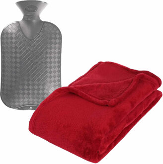 Atmosphera Fleece deken/plaid Rood 125 x 150 cm en een warmwater kruik 2 liter