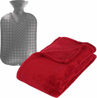 Atmosphera Fleece deken/plaid Rood 130 x 180 cm en een warmwater kruik 2 liter - Plaids