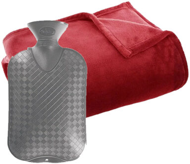 Atmosphera Fleece deken/plaid Rood 130 x 180 cm en een warmwater kruik 2 liter