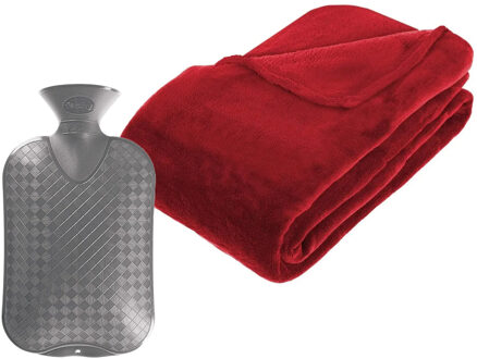 Atmosphera Fleece deken/plaid Rood 230 x 180 cm en een warmwater kruik 2 liter - Plaids