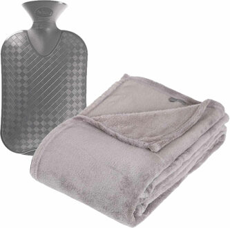 Atmosphera Fleece deken/plaid Zilvergrijs 125 x 150 cm en een warmwater kruik 2 liter