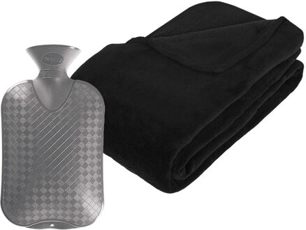 Atmosphera Fleece deken/plaid Zwart 230 x 180 cm en een warmwater kruik 2 liter