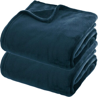 Atmosphera Fleece dekens/fleeceplaids - 2x - donkerblauw - 180 x 230 cm - polyester - bankdeken