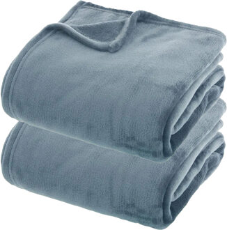 Atmosphera Fleece dekens/fleeceplaids - 2x - ijsblauw - 180 x 230 cm - polyester - bankdeken