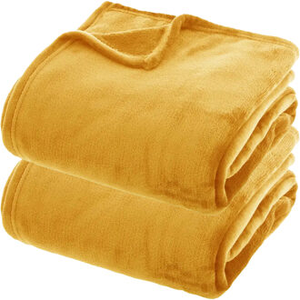 Atmosphera Fleece dekens/fleeceplaids - 2x - mosterdgeel - 180 x 230 cm - polyester - bankdeken