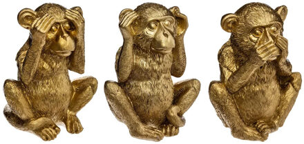 Atmosphera Home deco dieren beelden Horen-Zien-Zwijgen Aapjes 3x - 13 x 17 cm p/st - binnen - goud kleurig