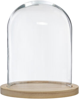 Atmosphera Home decoratie glazen stolp op houten plateau - glas/lichtbruin - D23 x H29.5 cm - Decoratieve stolpen Transparant