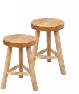Atmosphera Houten zitkrukje - 2x - D30 x H45 cm - naturel teakhout - zitplaatsen - volwassenen
