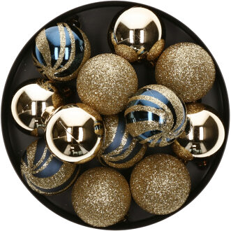 Atmosphera Kerstballen - 12st - kunststof - goud-blauw - 4cm - Kerstbal Multikleur