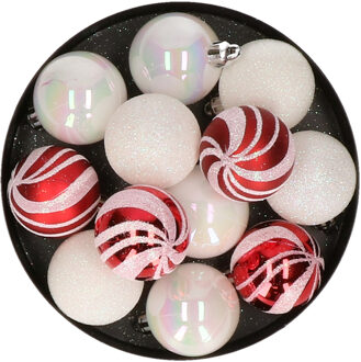 Atmosphera Kerstballen - 12x st - parelmoer wit/rood - D4 cm - kunststof - kerstversiering