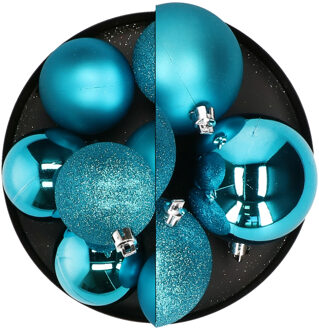 Atmosphera Kerstballen - 12x st - turquoise - 7 en 8 cm - kunststof - Kerstbal Blauw